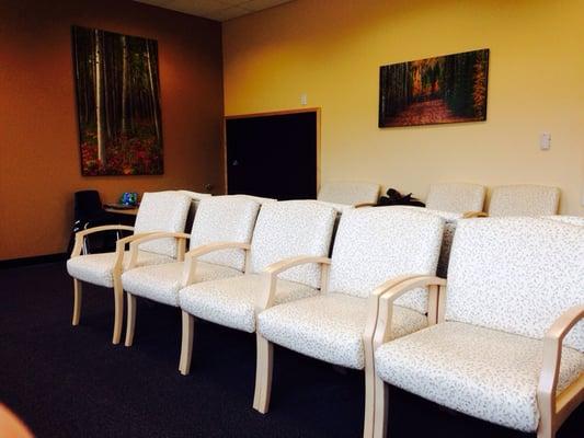 Lots of seating in the waiting area. Chalkboard and toys to keep the kids busy