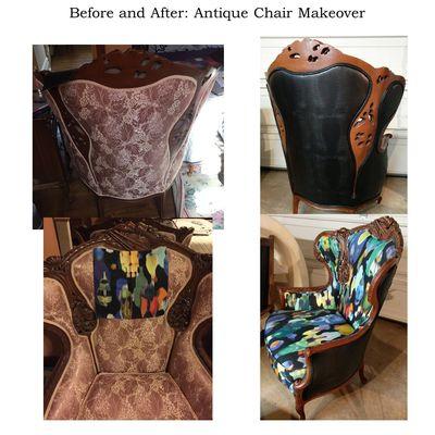 Here's a recent upholstery makeover we did! Took this great antique chair and put a contemporary spin on it!