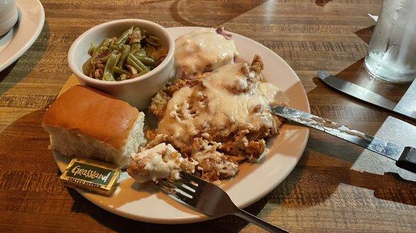 Chicken Fried Chicken meal with Mashed Potatoes and Gravy, with Green Beans