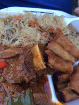 Pancit noodles, Beef Calderta and pork egg rolls from uni mart yum!