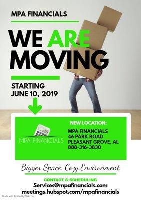 Effective June 10, 2019 we will be located at 46 Park Road, Pleasant Grove, AL 35127.  Hope to see you soon!