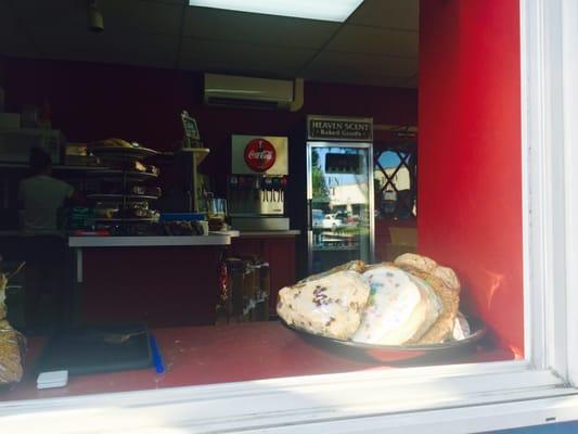 A peek through the drive-through window with tempting pastries to make your mouth water.