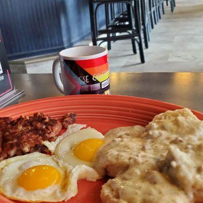 Coffee, Fried Eggs, Buiscuits & Gravy and Cornbeef Hash.