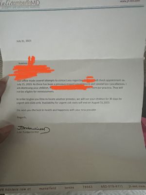 Letter sent on 8/2 when we missed my daughters appointment.