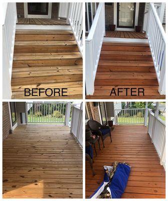 Here's a deck I recently stained. I prepped the wood by cleaning it with a pressure washer and then stained it the next nice day.