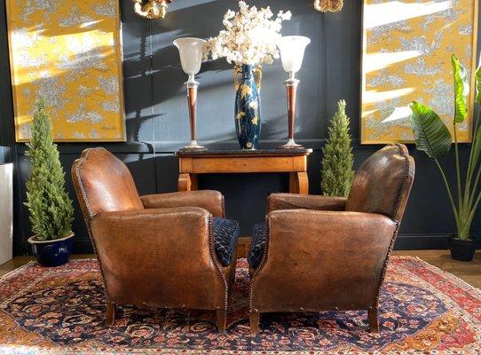 Art Deco leather club chairs - imported from France - new Christian Lacroix Nimes fabric cushion - circa 1930