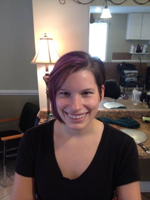 After, an asymmetric cut with purple color (she bought the purple just for me)