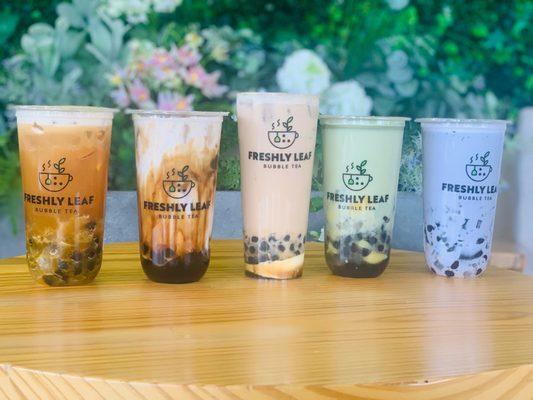 Jungle fruit tea, brown sugars, supreme signature milk tea, jasmine matcha latte, and taro milk tea