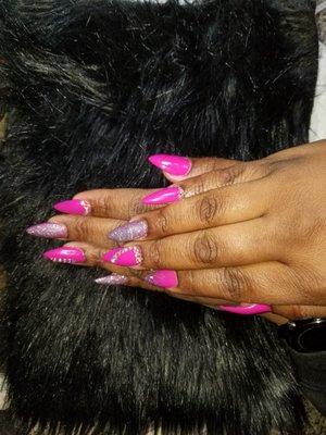 Acrylic overlay natural nails Pretty in pink classy stilleto.