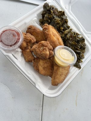 Fried party wings and collard greens