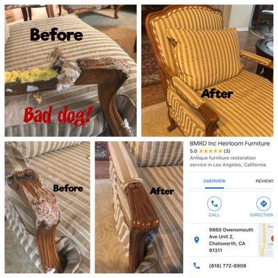 Before and after photos of the chair Boris restored.