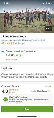 Great deal on Groupon right now for Living Waters Yoga, 1 month unlimited yoga classes for only $29.