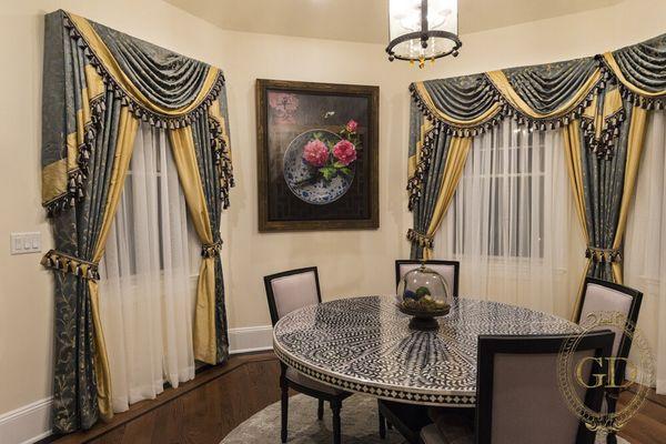 Custom made draperies for dining room. Glamour Decorating. www.glamour-decorating.com