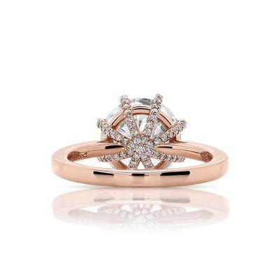 David Alan custom engagement ring featuring signature pave diamond details on the back, set in 18 karat rose gold.