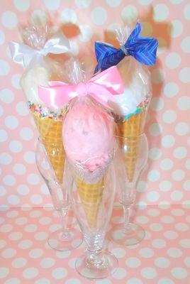 Cotton candy "ice cream" is a fun treat and can be customized with matching chocolate and sprinkles. Give a party favor they will adore!