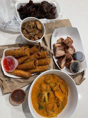 Bbq pork, lechon kawali, kare kare, beef lumpia and adobo