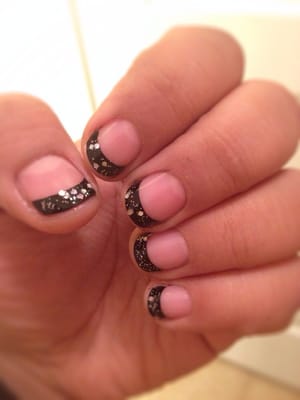 Black tips with Glitter on Natural Nails.