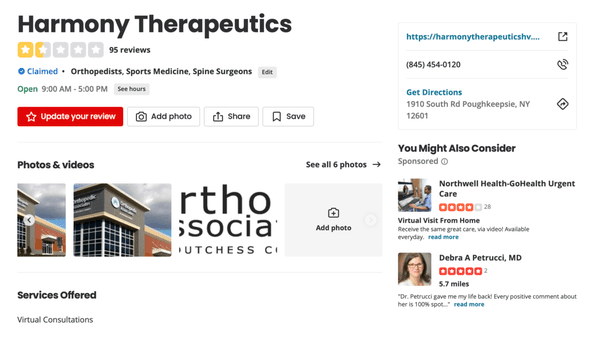 This is NOT Harmony Therapeutics. Orthopedic Associates of Dutchess County in Poughkeepsie is hiding behind the name of another business!