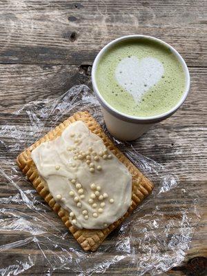 Fig pop tart and mint matcha latte