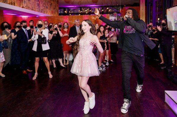 Bat Mitzvah girl Karen having the time of her life with our dj and dancers (and more) at the Bryant Park Grill NYC