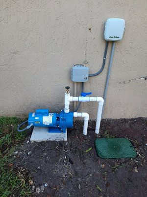 New Gould's pump..rainbird digital timer, and hunter pump start relay with electric valves. We converted from city water to the lake.