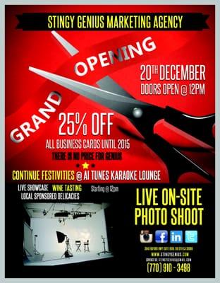 Grand Opening of Stingy Genius Marketing Agency!  Saturday December 20th. 12PM-4PM Live Music, Appetizers, Wine, Giveaways!