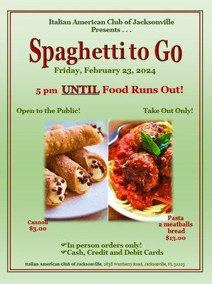 Spaghetti To Go the last Friday of each month!  Details in the flyer!  Looking forward to seeing you!