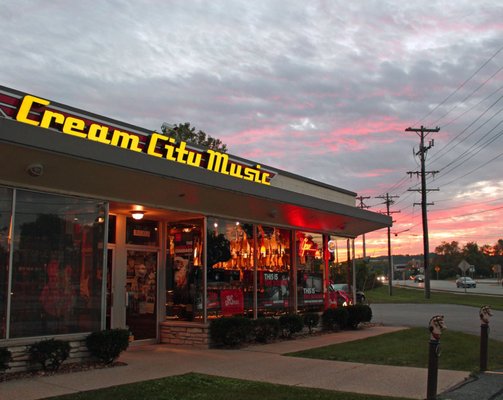 Cream City Music lit up at dusk!