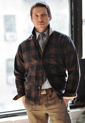 Wool plaid work jacket, light blue chambray shirt, Duo tone denim tie, and cotton linen utility pant