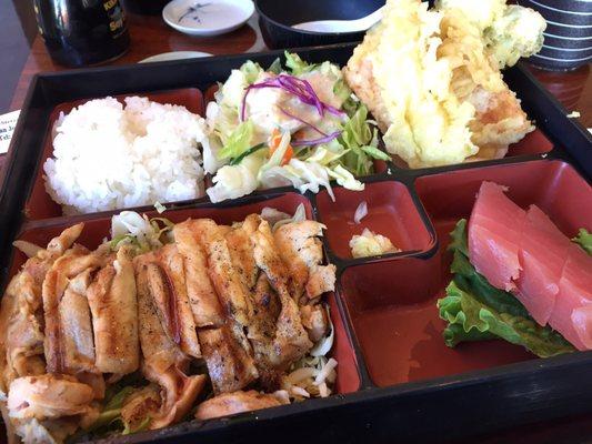 #3 Lunch Bento: Chicken Terriyaki & Sashimi (with Miso Soup & Salad). $9.95