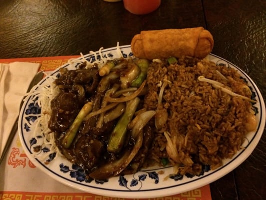 Mongolian Beef. Each entree comes with a side of Fried Rice with Shrimp and an Egg Roll. A complete and fulfilling dish!