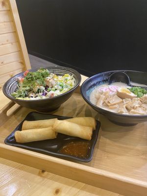 Poke Salad , Spring rolls and Tonkatsu ramen