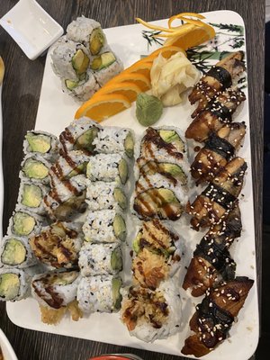 Avocado Cucumber Roll, Mango avocado roll, Shrimp Tempura Roll, Chicken Tempura Roll, eel nigiri