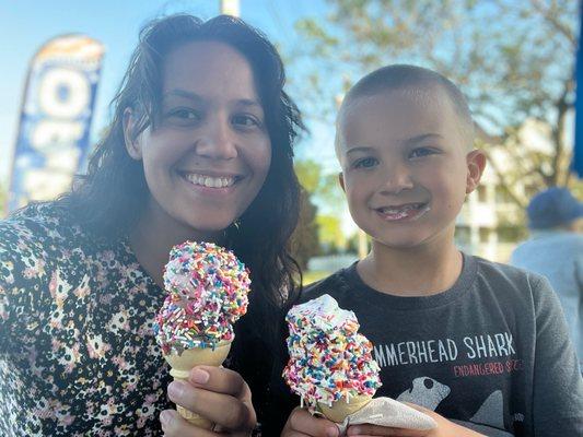 Hard chocolate and hard strawberry on a cake cone and a kids twist both with rainbow sprinkles.