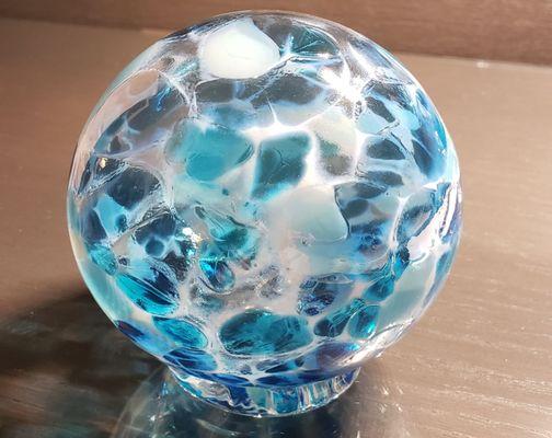 Beautiful hand blown glass ball, made in studio. I loved the colors of this one and had to take it home!