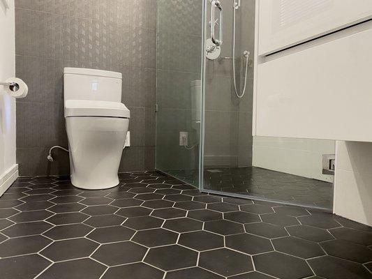 Black  hexagon tiles , Toto toilet  nice stand up shower all flat.