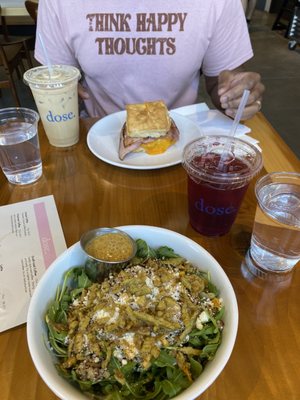 Street Corn Quinoa Salad, Egg and Cheddar biscuit with ham, lavender honey iced latte, elderberry hibiscus iced tea