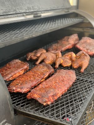 Smoked chicken and pork ribs