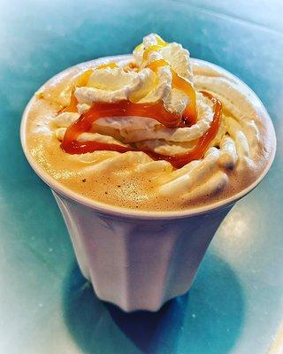 The Caramel Bliss (hot chocolate infused w caramel + whipped cream + salted butter caramel sauce)