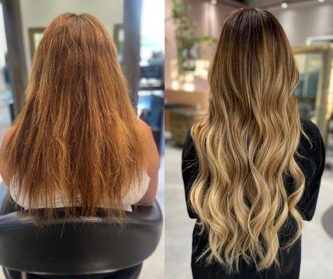 Side by side before and after Balayage correction and extensions