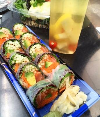 Quinoa Spring Roll with Salmon, Lemon and Goji Infused Water, Side Salad!