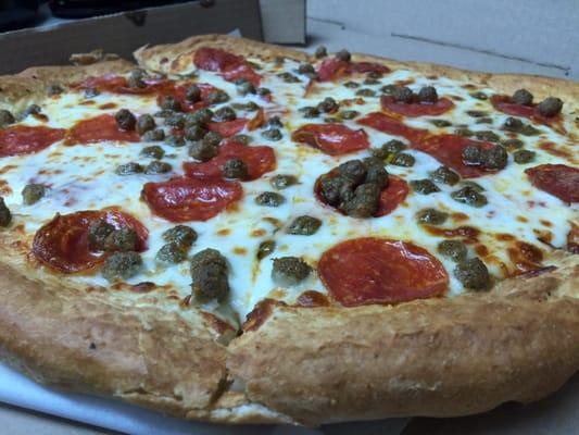 Large pepperoni and sausage pizza