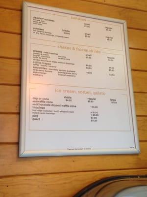 Shakes, ice cream, frozen drinks menu