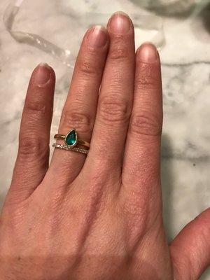 Custom engagement ring and store-bought wedding band, both thanks to James and Co.