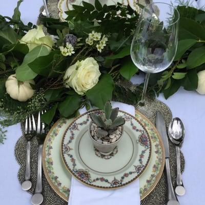 A lovely backyard table setting to celebrate a lovely mum-to-be. Handmade #ceramic #succulent pots tie in the vintage theme!