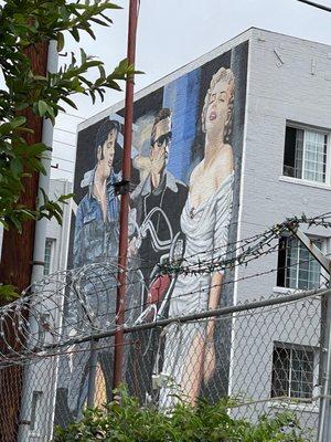 The Elvis, Marilyn & Schwarzenegger Icons 80 Foot Wall Mural Santa Monica Blvd & Wilton Pl.  back of Derby Aoartments Hollywood