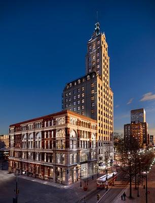 Night time view of Lincoln American Tower and The Lowenstein Building