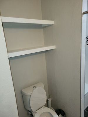 New toilet and shelf built-ins