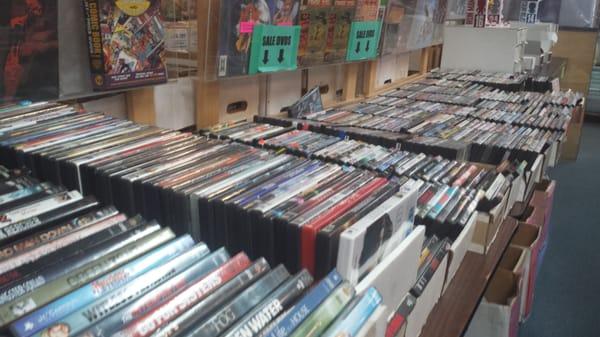 $.99 and $1.99 on pre-owned DVDs.  Huge selection!  There were a lot of Borats...