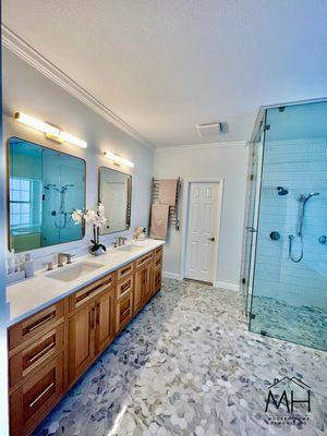 Custom vanity 120" double sink white oak, modern master bathroom layout